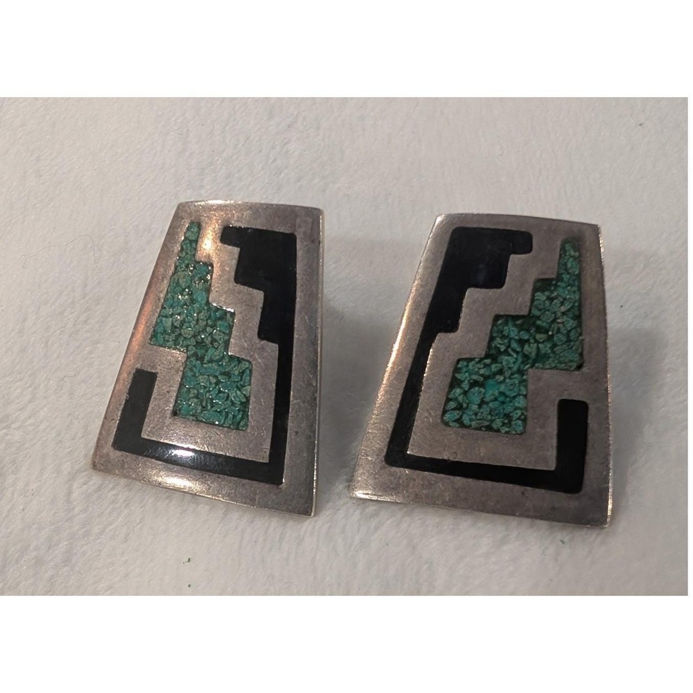 Vintage Taxco Mexico 925 Sterling Silver Turquoise Onyx Geometric Inlay Earrings